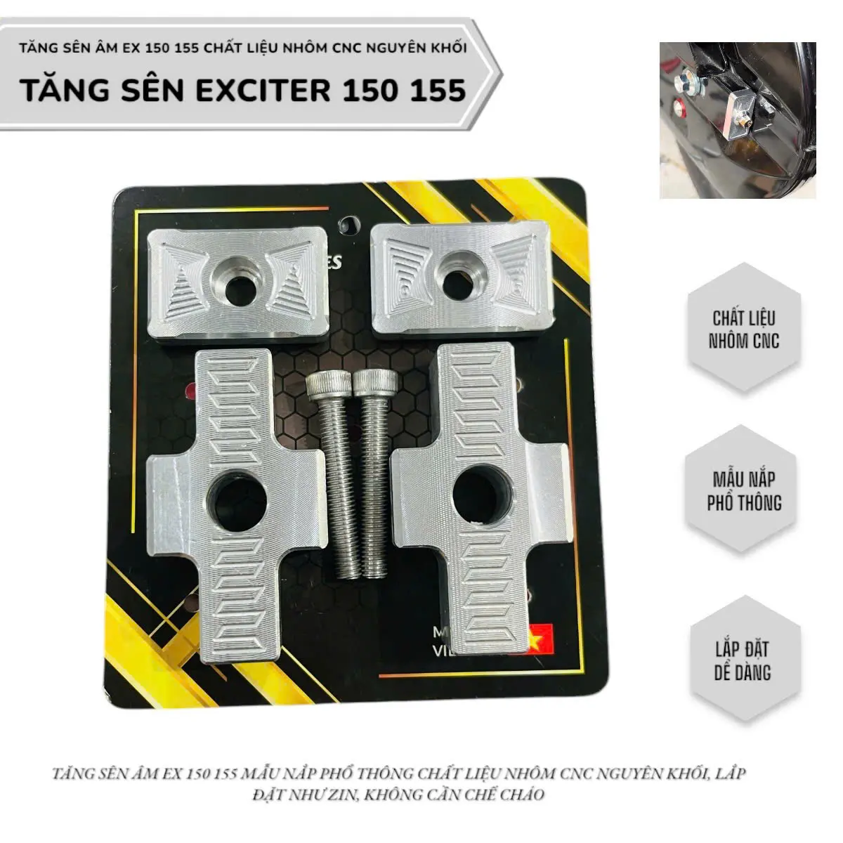 Tăng sên âm EXCITER EX150 EX155 nắp dày 12li có rãnh thoát nước kèm ốc salaya hoặc ốc titan 8li50 Phụ Kiện Inox
