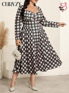 CURVZY Plus Size Plaid Print Tie Front Backless A Line Dress, Elegant Sweetheart Neck Long Sleeve Dress for Party Holiday Wedding Guest, Women's Clothes for Spring & Fall