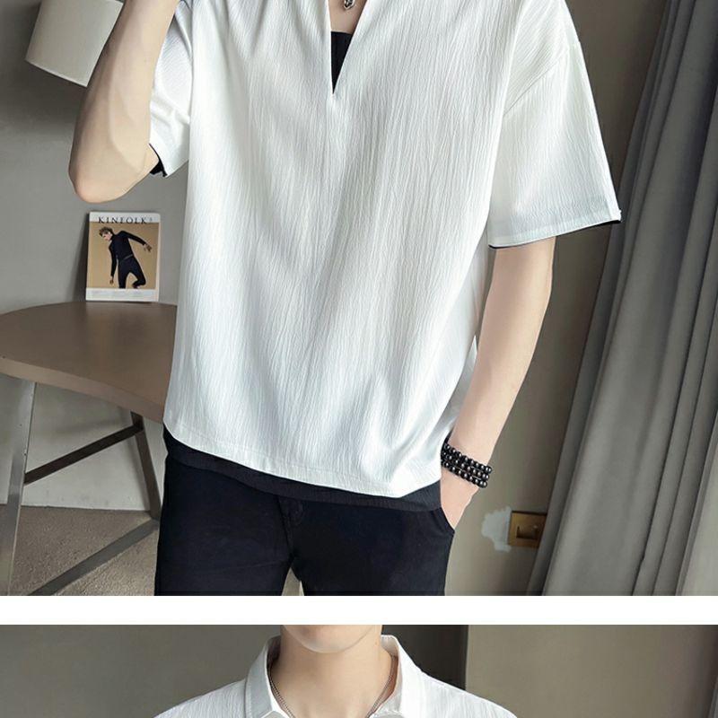 Product Introduction of 2025 Fake Two-Piece V-neck T-shirt Men's Ins Fashion Brand Short Sleeve Polo Shirt Ice Silk Half Sleeve 2023 New Summer Matching Suit 26