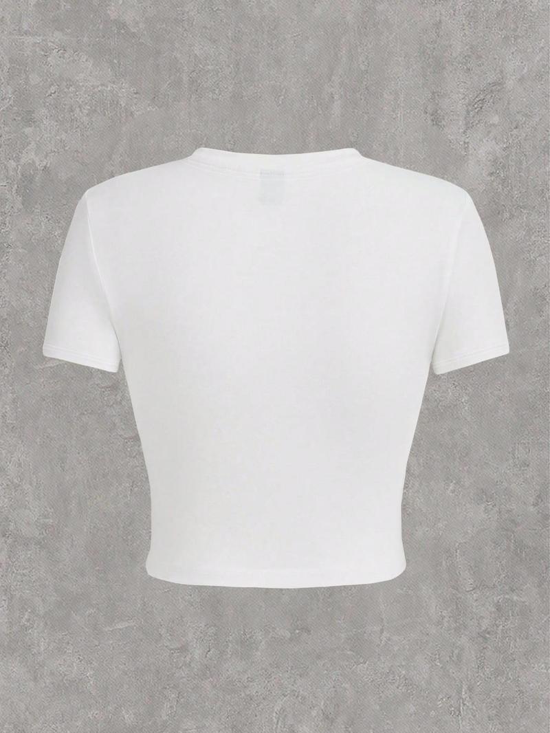 Product Introduction of Women's Letter Print Round Neck Crop Tee, Casual Short Sleeve Graphic Crop Top for Daily Wear, Ladies Clothes for All Seasons, Clothing 6
