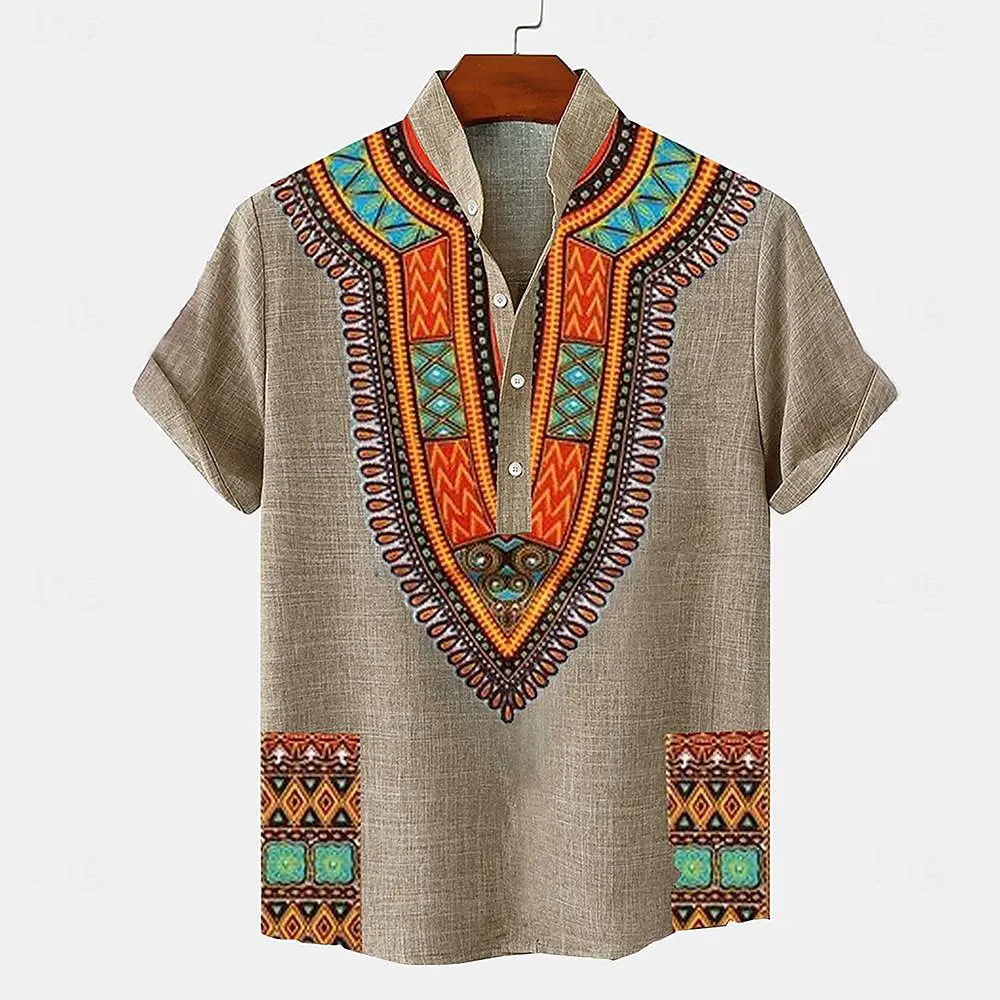 Linen 100% solid color hot selling shirt half cardigan button stand collar solid color shirt linen men's tops European size Casual Long Sleeve Linen Shirt