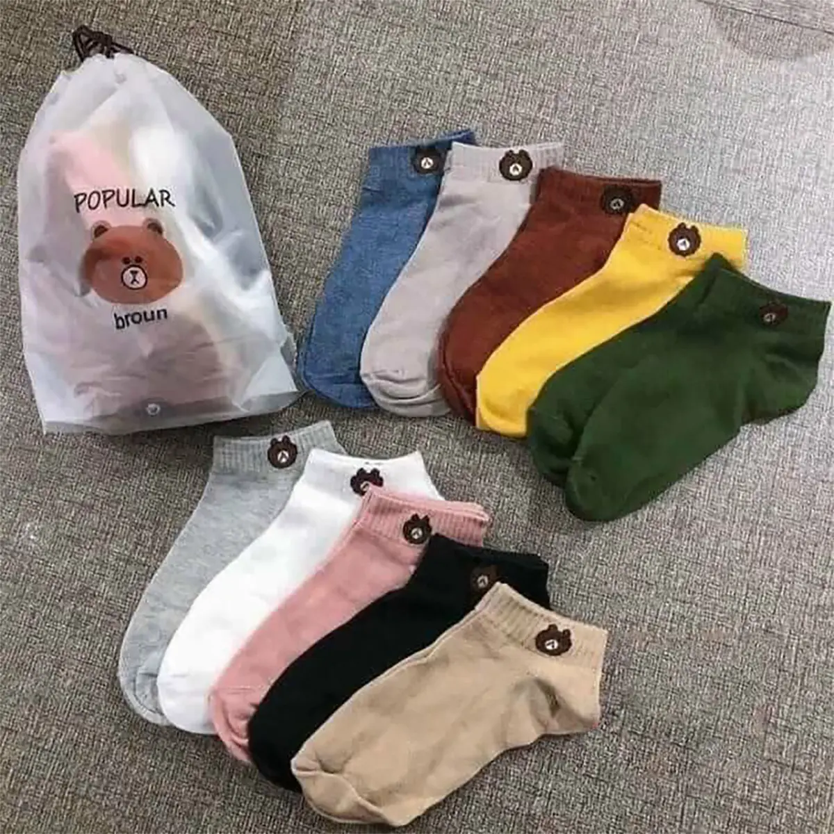 Combo 10 Đôi tất vớ nữ cổ ngắn xinh hình gấu dễ thương vải cotton co giãn 4 chiều, tất nữ thoáng mát chống hôi chân nhiều màu dễ phối đồ, thấm hút mồ hôi tốt, Women
