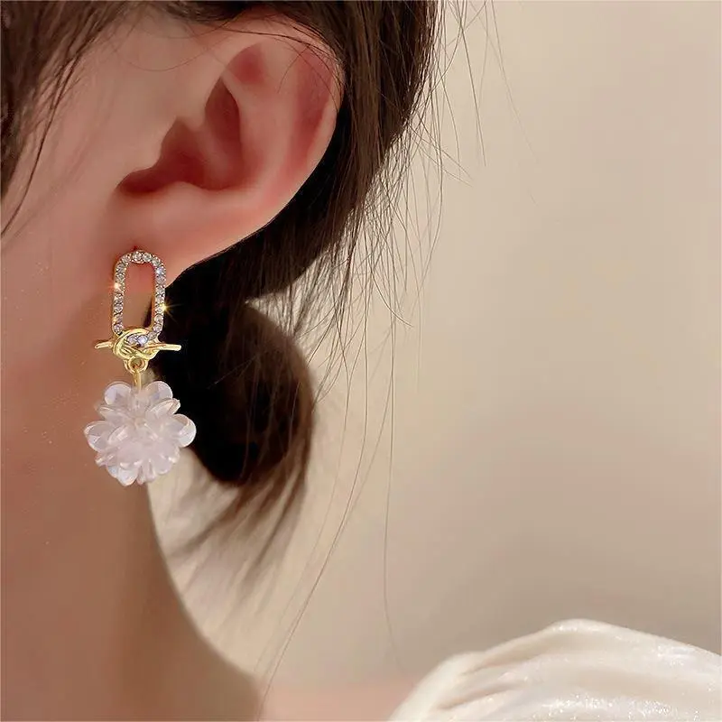 Summer Long Flower Earrings Hand-Made Beaded Korean Fashion Shiny Earrings Sweet