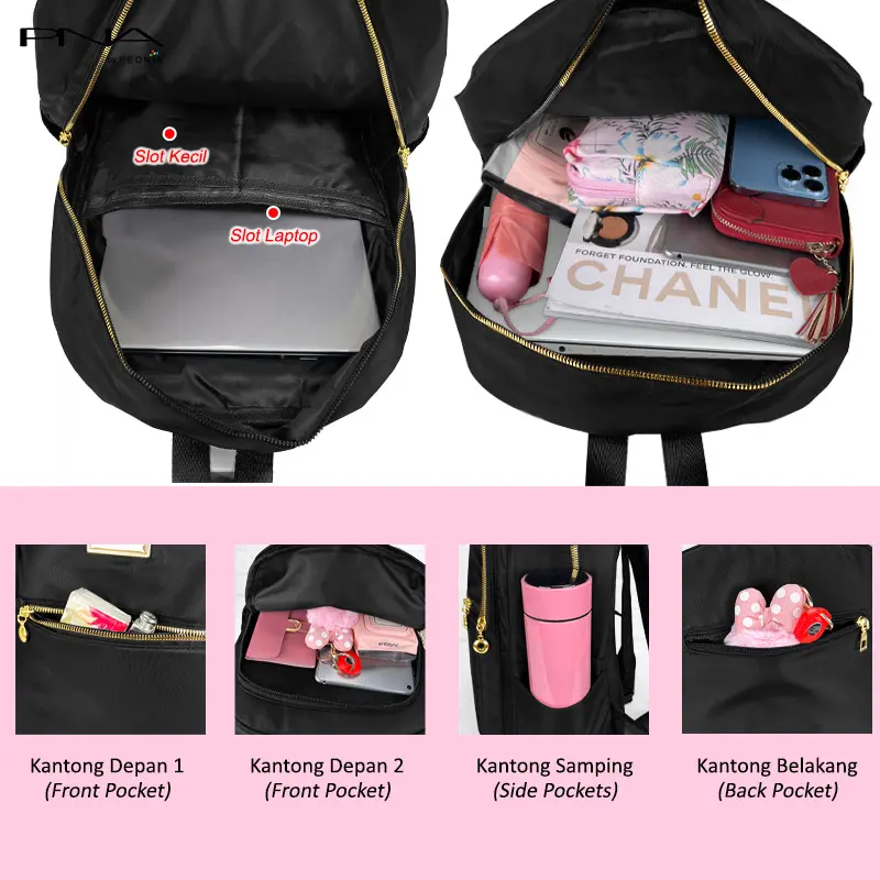 Peonia PNA JIWON Water Resistant Tas Ransel Besar Wanita Unisex Punggung Kantor Kerja Sekolah Kuliah Outdoor Trendy Fashion Style Travel  Haji Umroh Casual Backpack Anak Remaja Perempuan Selempang Cewek Bag Laptop Backpack 4
