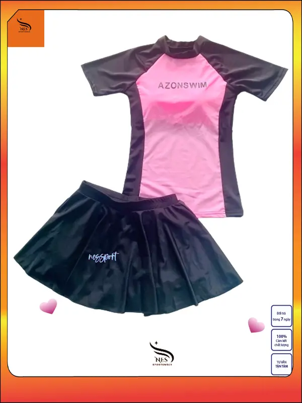 NES Bikini Bộ váy bơi 2 mảnh áo phối hồng in chữ ngắn tay, chân váy có quần short bảo hộ bên trong kín đáoTNS 071 - chất liệu thun 4 chiều, co giãn cao, kháng khuẩn, UPF 50+ 8