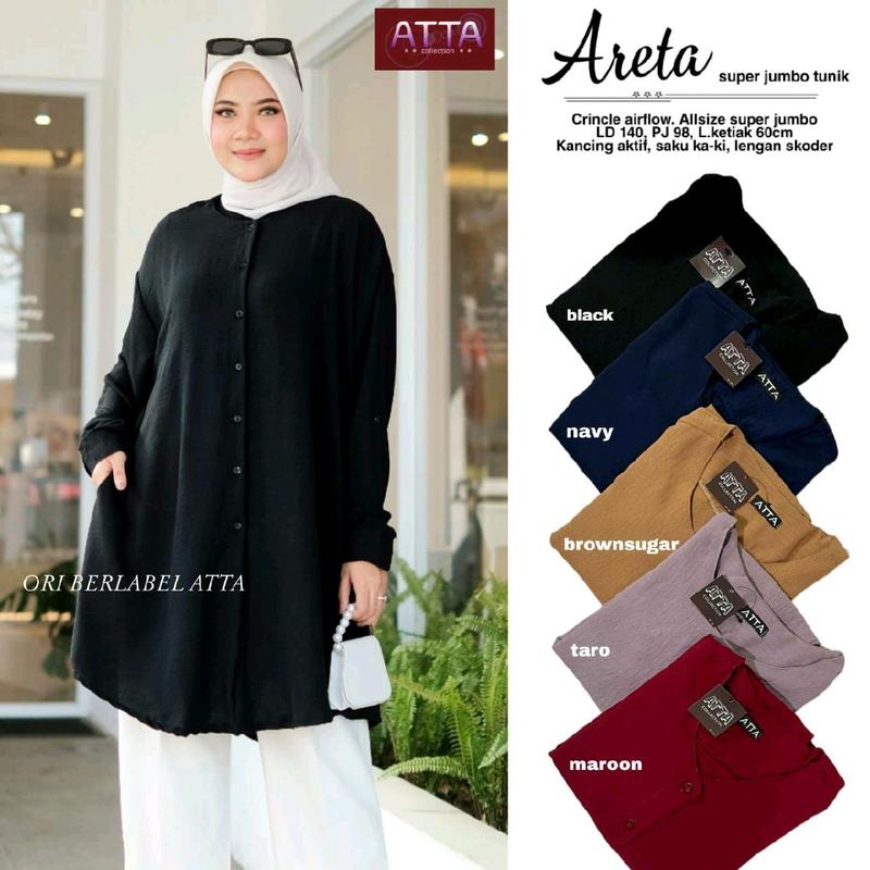 Atasan Wanita Kemeja  Polos Areta Tunik Jumbo LD140 Bahan Crincle Airflow Full Kancing Oversize Muslim 2