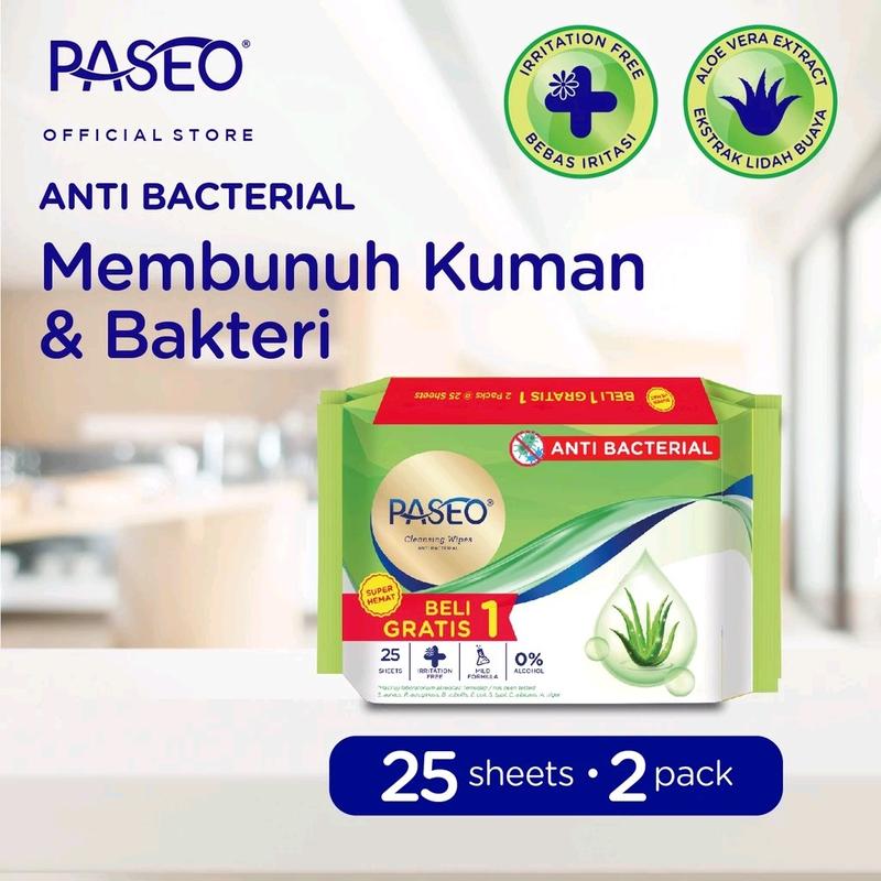 (4 Bundle isi 8 Pcs) Tissue Basah PASEO Anti Bacterial Wipes 25 Sheets 4 Bundle Tisu Basah Bayi Aroma Aloe Vera 1
