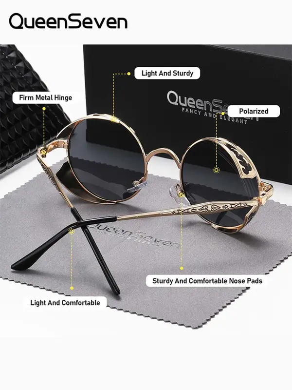 Unisex Street Style Polarized Sunglasses for Everyday Use, Trendy Punk Round Frame Sunglasses, Fashionable Vintage Accessories for Trip & Driving Use with Glasses Cloth &  Bag 6