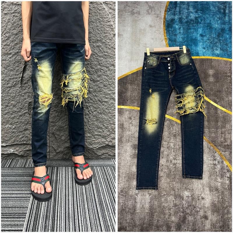 Quần jeans khuyết tật màu bẩn bản rách gối và bản xước Menswear Nam