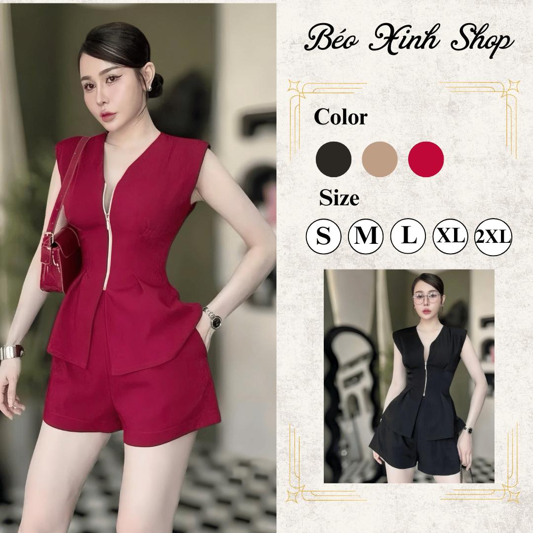 Thời Trang Bigsize Set Quần Đùi Áo Cổ Tim Phối Dây Kéo Vải Cotton Lạnh 40 - 90Kg Dễ Thương Top Nữ Đen Women - A.1539