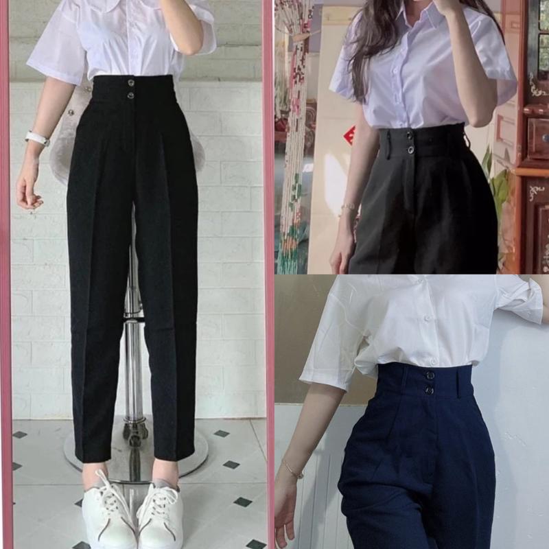 Quần tây nữ lưng cao dáng dài đi học sinh phối 2 khuy cài dọc cạp có đỉa màu đen kiểu dáng Quần tây nữ cạp cao màu Đen mặc đi làm công sở vải dày mềm Pants Women Kem