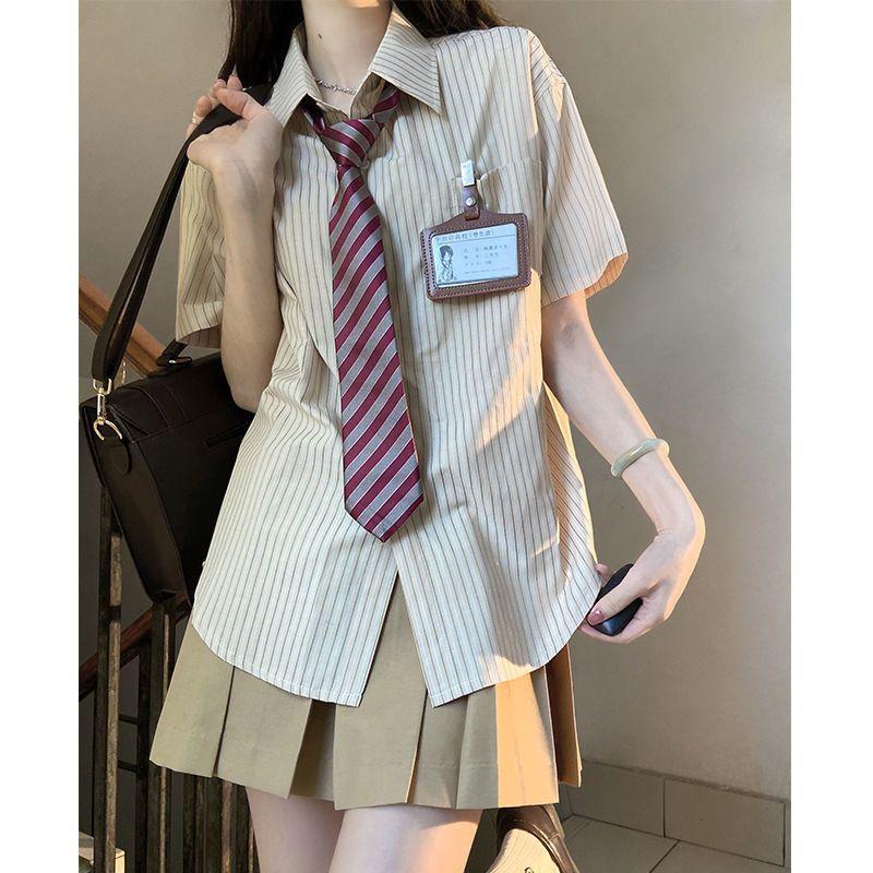Product Introduction of Three-Piece Summer New Japanese College JK Striped Shirt Short Sleeve Student All-Matching Pleated Skirt Anti-Aging Outfits 12