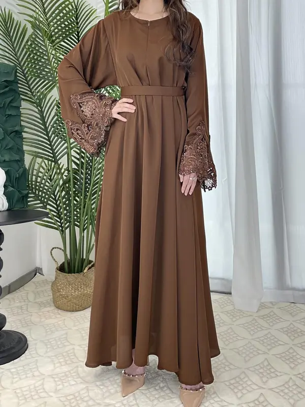 Arabic Clothing-Women Embroidered Abaya Dress, Fashion Contrast Lace Long Bell Sleeve Loose Maxi Arabian Dress with Belt, Islamic Clothes Caftan, Maxi Dresses for Women, Summer Outfits 2024, Bridal Abaya 2