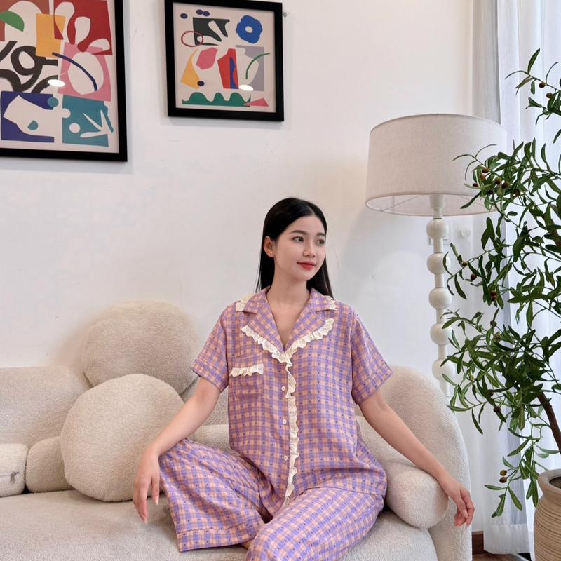 Bộ mặc nhà nữ caro tím tay ngắn Ms 2666 0