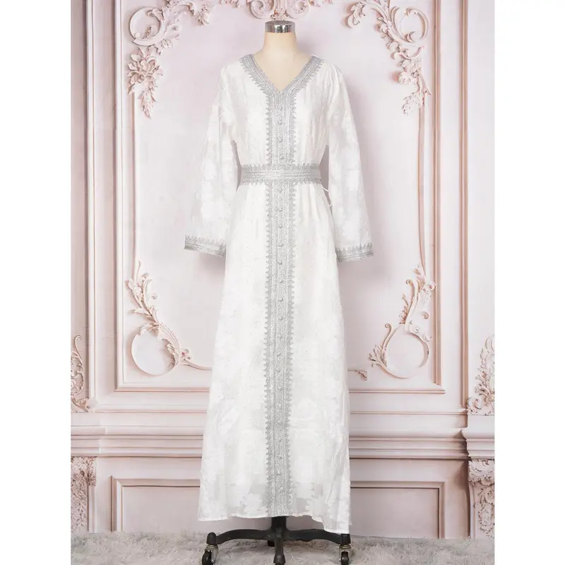 2025V Collar Temperament Dress Middle East Jacquard Rhinestone Silver Lace Robe Abaya 6