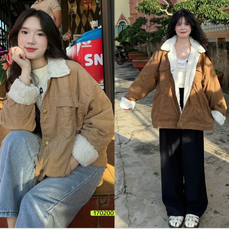Áo Khoác cổ bẻ lót lông,chất nhung gân vải dày dặn form vừa nữ
