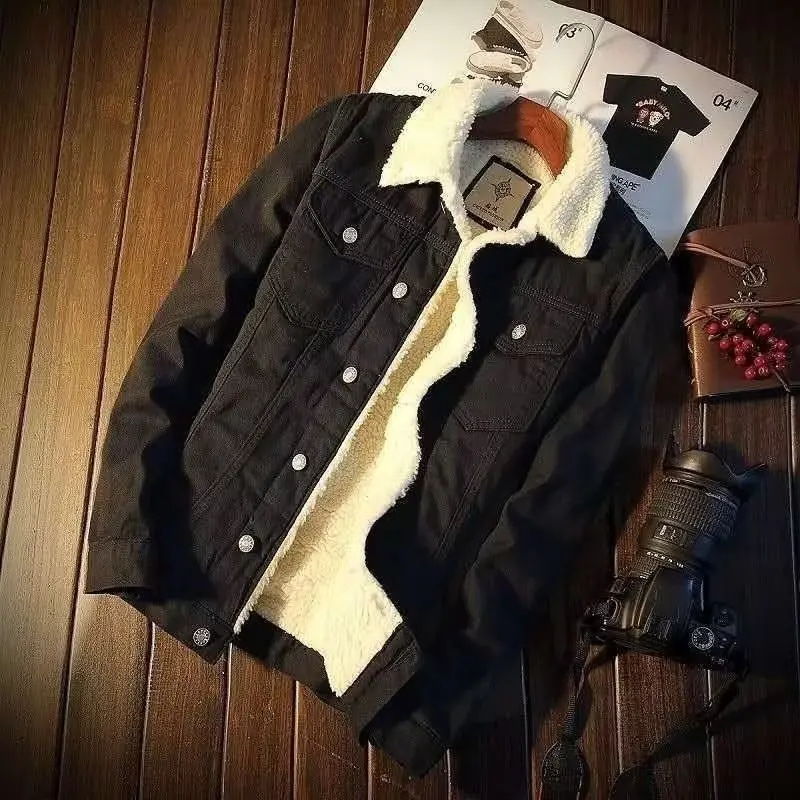 Áo Khoác Denim, Lót Lông Cừu, Dành Cho Nam Giới, Dày Dặn Và Ấm Áp, Làm Bằng Lông Cừu Berber, Thích Hợp Cho Mùa Thu Và Mùa Đông, Dáng Rộng Vừa Vặn, Ngoại Cỡ, Áo Khoác Độn Bông, Thời Trang