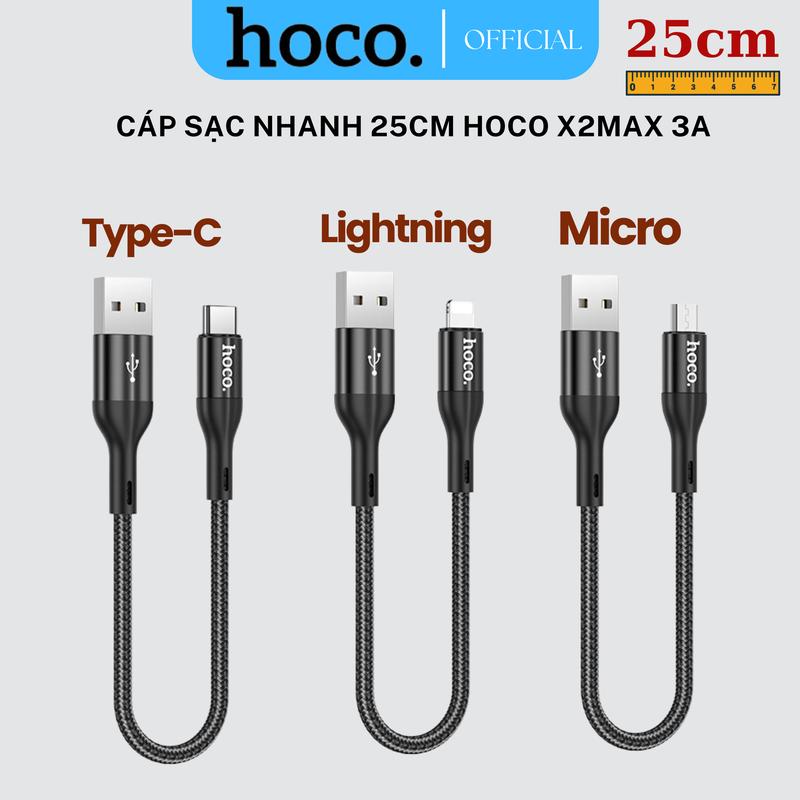Hoco X2Max 25cm sạc nhanh 3A USB sang Micro/TypeC/Lighting dây dù đầu cáp bọc kim loại Phụ Kiện Sạc Điện Thoại