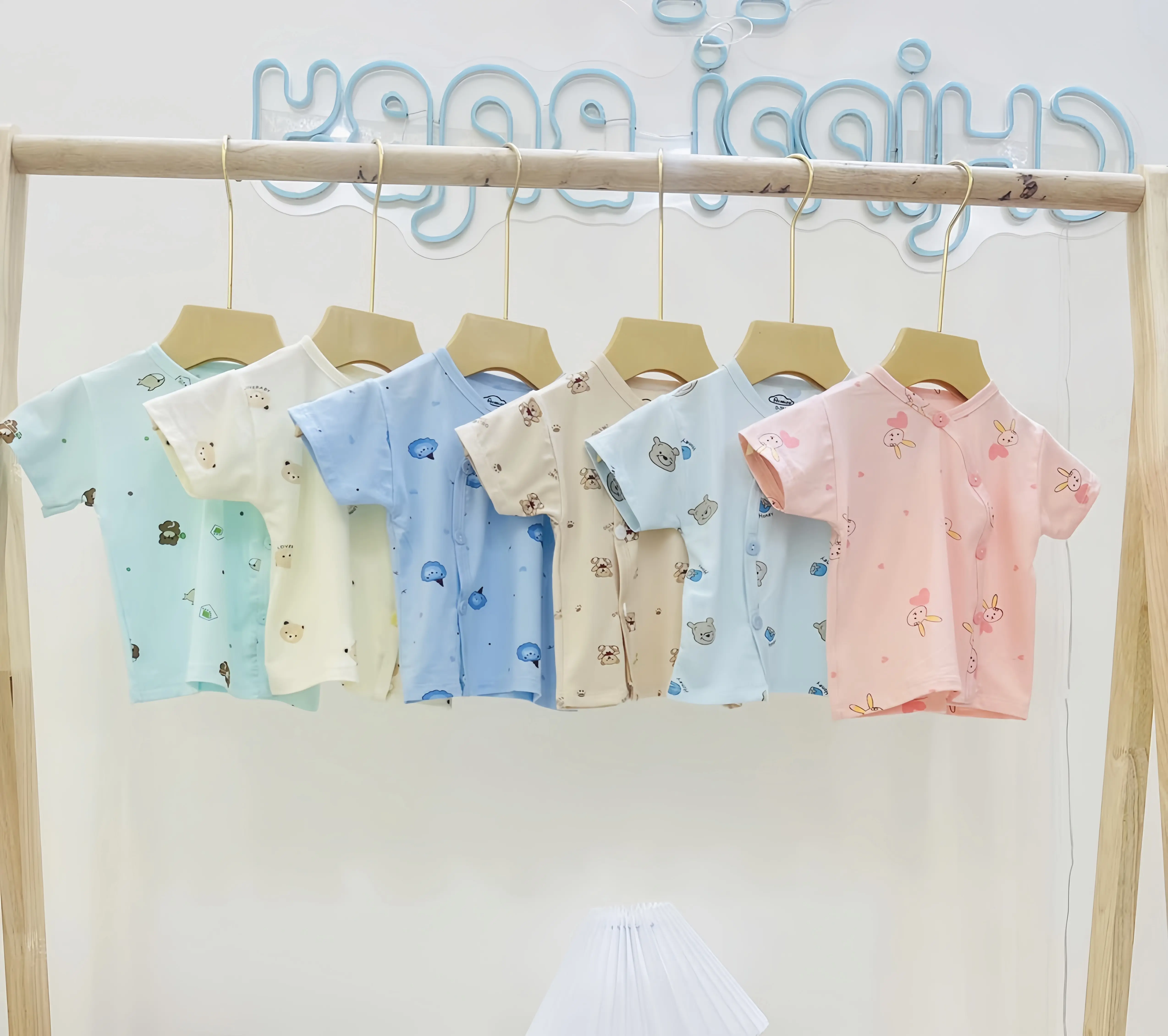 Set 5 áo cộc tay sơ sinh thun lạnh phối màu in hoạ tiết dễ thương cho bé 0-9 tháng