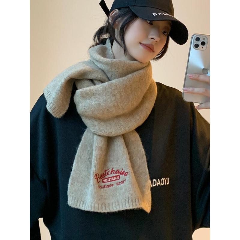 Embroidered Brown with Letters with Woolen Knitting Scarf Winter Girls 2023 New High-Grade Korean Style All-Match Scarf 1