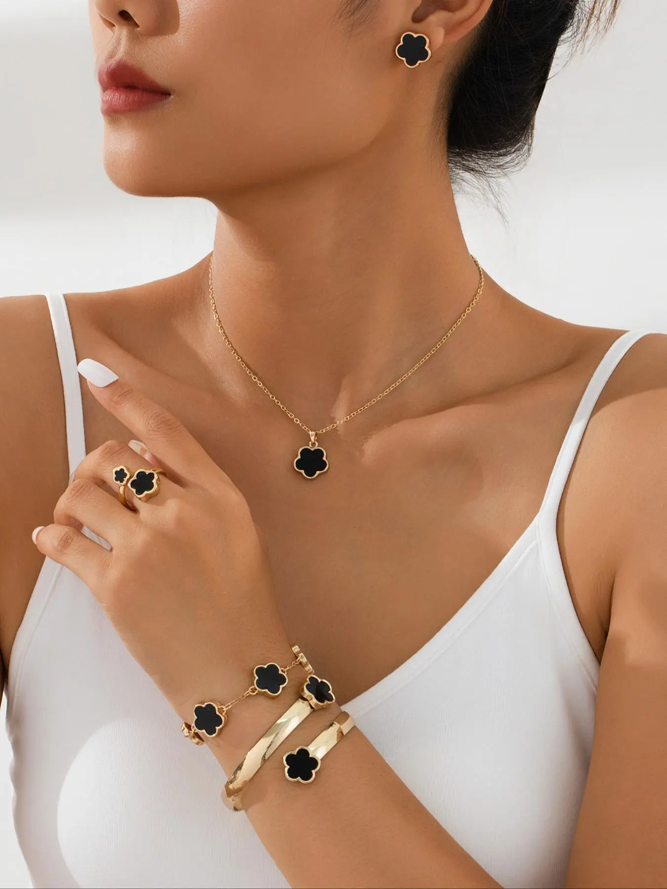 Flower Design Jewelry Set (6pcs), Including 1pc Necklace & 2pc Bracelet & 1pc Ring & 1 Pair Earring for Women & Girls, Simple Jewelry Set, Valentine's Day Gift