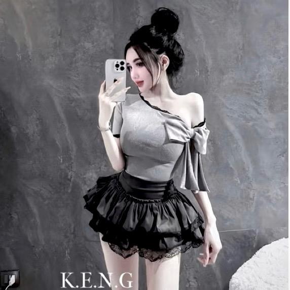 Set Áo Thun Lệch Vai Buộc Nơ gợi cảm , Phối chân váy lụa viền ren ...Free size 43-54kg  Nữ Women Dress Voan Sen Dáng Ngắn Top Voi