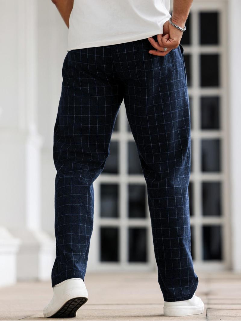 Product Introduction of Men's Plaid Print Drawstring Waist Straight Leg Pants, Regular Fit Casual Comfy Pocket Trousers for Daily Wear, Men's Bottoms for All Seasons 6