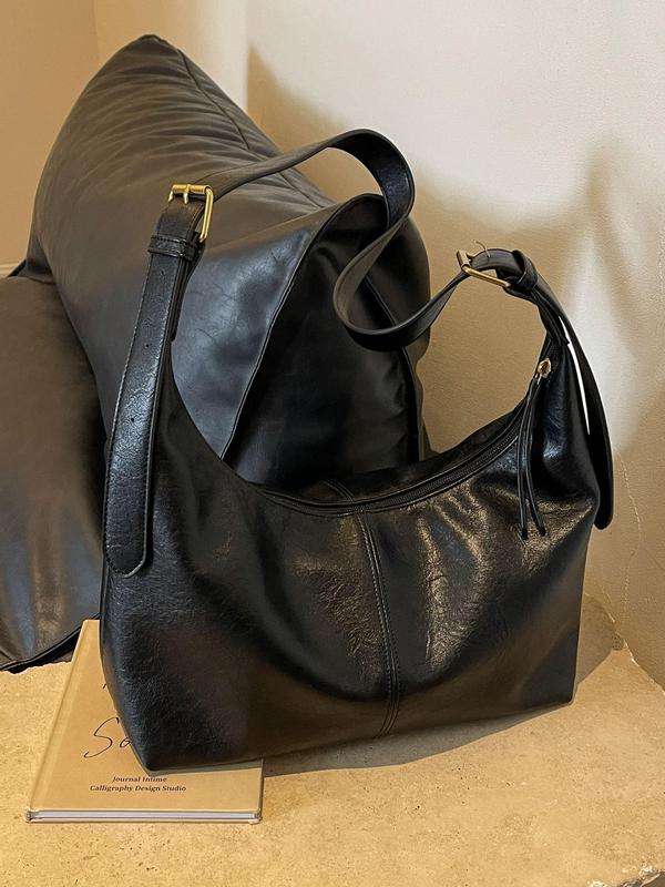 Women's Plain Color Large Capacity Shoulder Bag, Retro Fashion Soft Pu Leather Bucket Bag, Casual All-match Crossbody Bag for Work & Daily Used 5