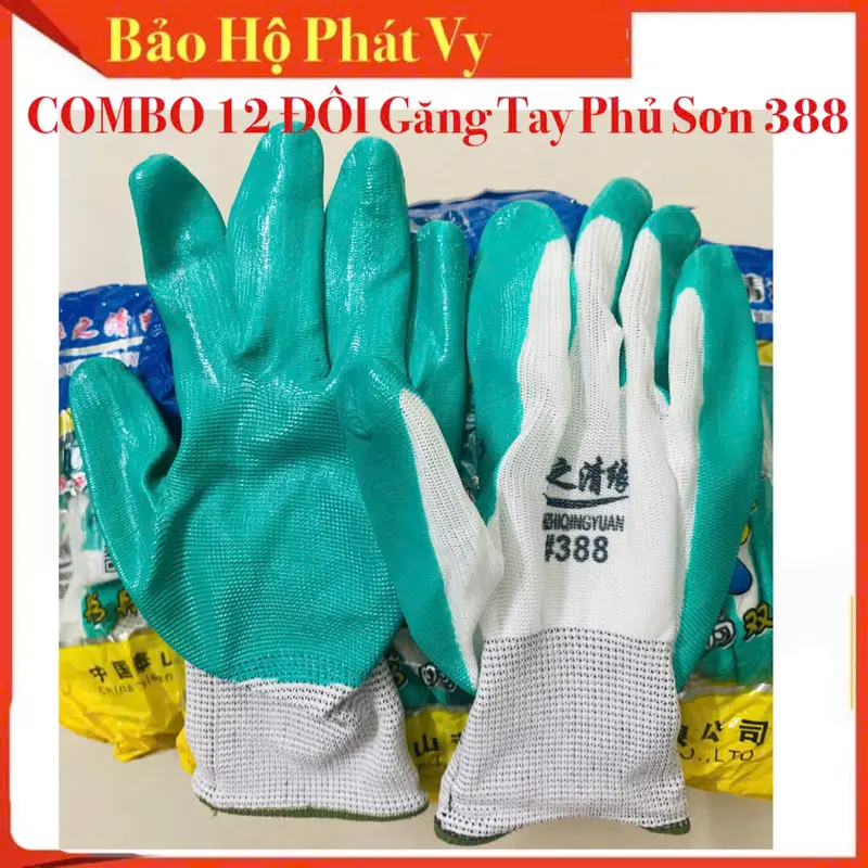 TÚI 12 ĐÔI GĂNG TAY PHỦ CAO SU MÃ 388 MÀU XANH LÁ -GĂNG TAY BẢO HỘ LAO ĐỘNG, GĂNG TAY PHỦ SƠN, GĂNG TAY TRÁNG SƠN XANH LÁ 0