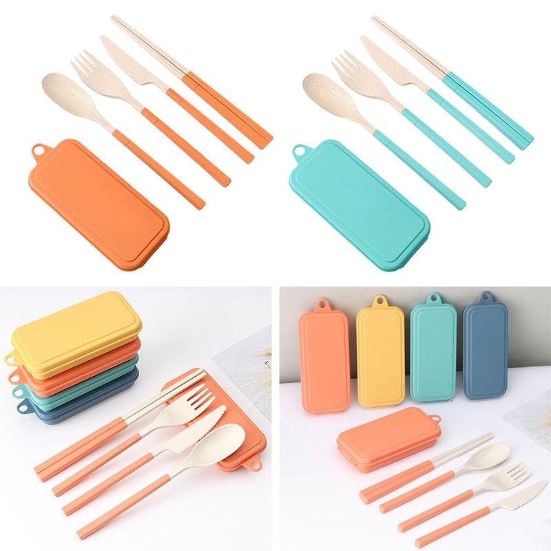 Wheat Straw 4PCS Chopsticks Set Spoon Utensil Box Tableware Dinnerware Set Fork Cutlery Set 0