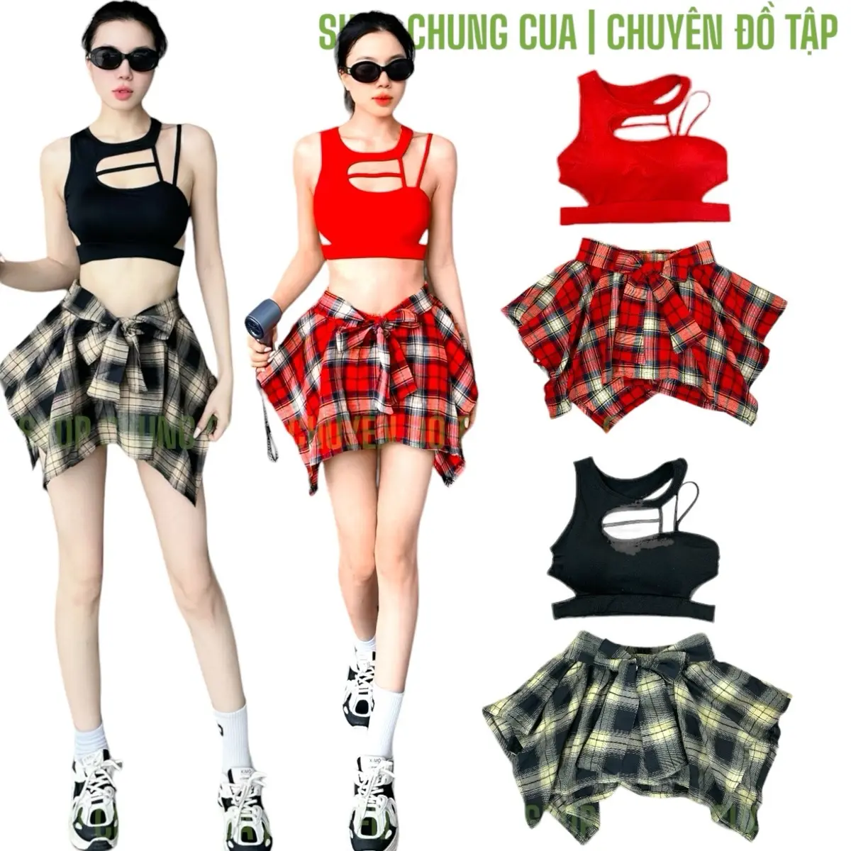 Bộ tập nữ mix áo bra chất thun và váy kẻ karo nơ tập zumba, shuffle dance, aerobic dane nhiều màu xinh lựa chọn
