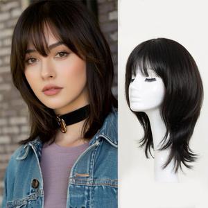Korean Medium-length Natural Flip Full Head Curly Wig Air Broken Bangs Send Free Hair Net
