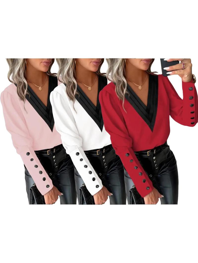 Product Introduction of Women's Patchwork Print Button Leg-of-mutton Sleeve Blouse, Elegant V Neck Long Sleeve Top for Work Office Business, Ladies Clothes for All Seasons， Going Out Tops 16