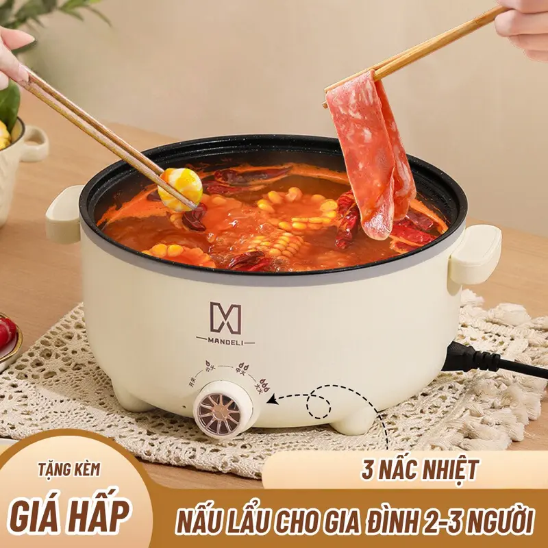 Nồi lẩu điện đa năng dung tích 4L công suất 1000W với 3 nấc nhiệt độ điều chỉnh thiết kế chống dính kèm xửng hấp 5