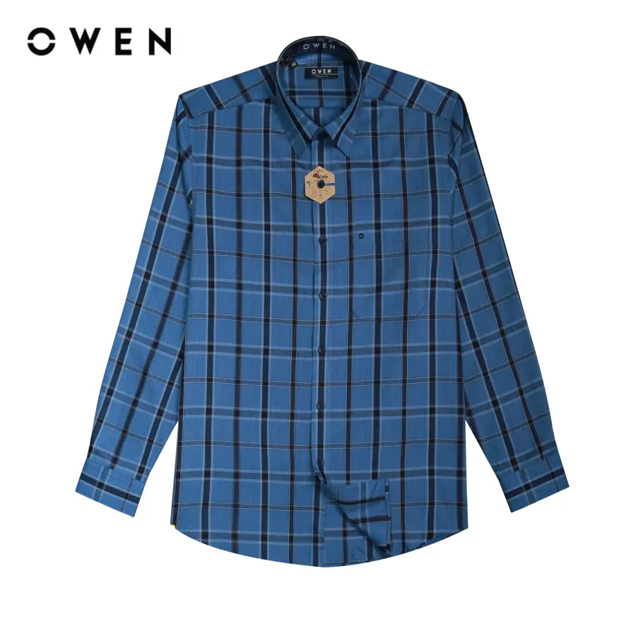 OWEN - Áo sơ mi Nam dài tay Regular Fit AR220855DT màu Navy chất liệu Cafe T-Cool Có Cổ   Hoạ tiết Kẻ caro Menswear