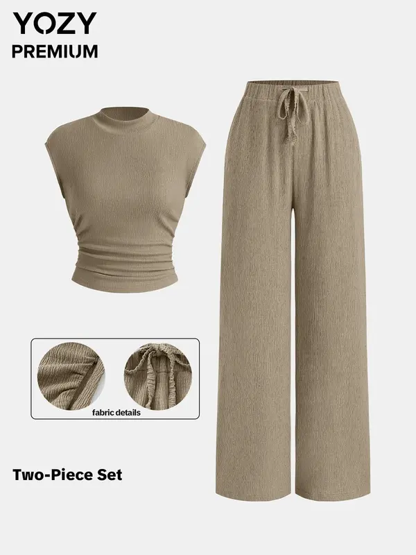 Two-piece Set YOZY Women's Solid Cap Sleeve Top & Drawstring Waist Pants, Casual Fashion Cozy Top & Trousers for Daily Outdoor Wear, Ladies Summer Clothes, Womenswear 1
