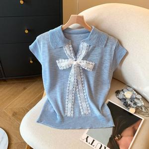 French Lace Lace-up Polo Collar Knitted Shirt for Women Summer Lightweight Sweet Exquisite Short-sleeved T-shirt Top Blue