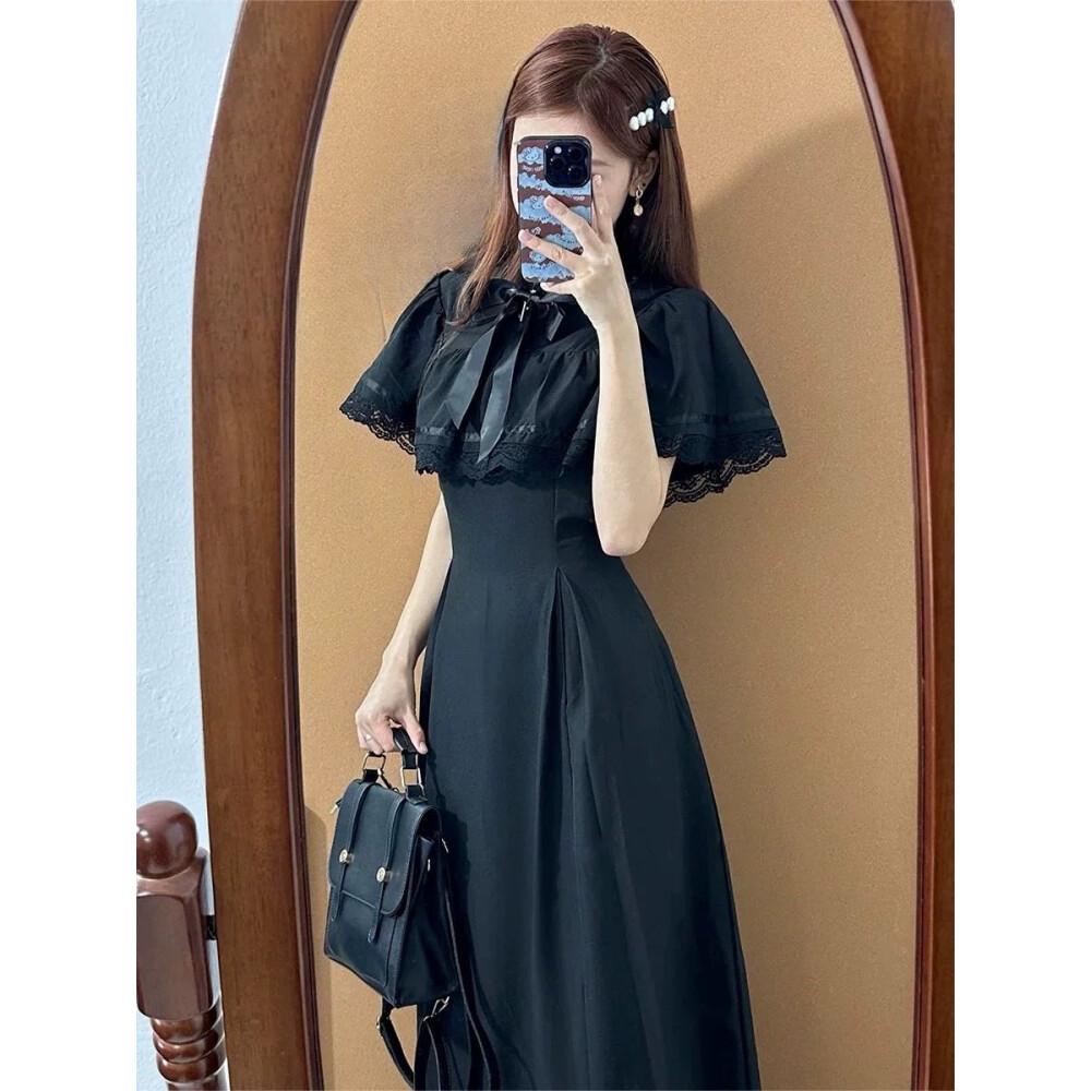 CHICMORE Gaun maxi lengan pendek dengan pita cantik di kerah warna solid elegant