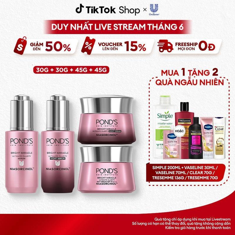   4  Bộ Skincare 2 Serum và 2 Kem Dưỡng Da Ngày & Đêm Pond's Bright Miracle Hỗ Trợ Mờ Thâm Sạm với 50X Niasorcinol 30G+30G+45G+45G Nữ 
