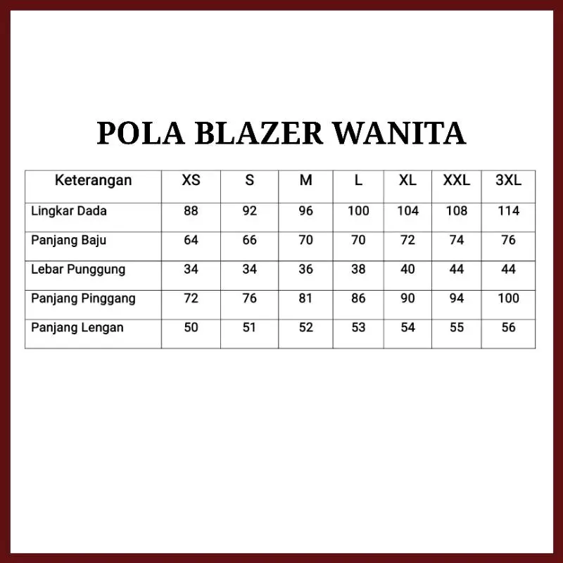 Pola Baju Instan Blazer Wanita tersedia size XS,sampe Ld jumbo 2