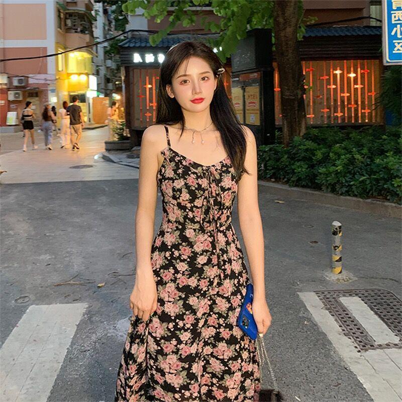 2025 plus Size Women's Clothing Fashion Two-Piece Suit Women's Summer Fat Sister Black Knitted Cardigan Strap Floral Dress Suit 2