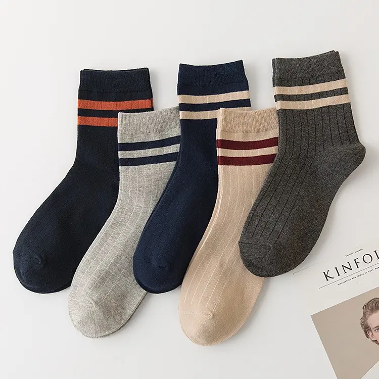 COMBO 5 Đôi Tất Cao Cổ Họa Tiết Kẻ 2 sọc phong cách Hàn Quốc, chất liệu Cotton tự nhiên êm ái dày dặn thoáng khí Nam Menswear
