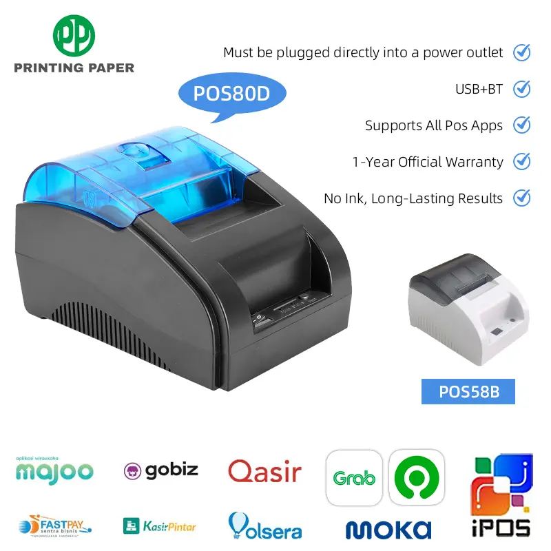 Printing Paper POS80D & POS58B Printer Termal Bluetooth & USB Cetak 80mm & 58mm Garansi 1 Tahun Dukungan Multi-Platform Pengisi Daya Hitam Label Struktur - Tinta