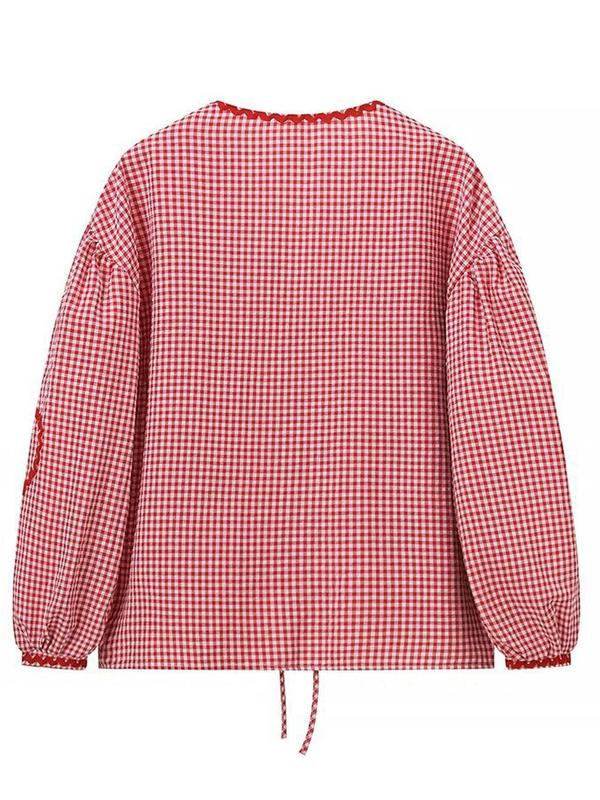 Women's Gingham Print Heart Patched Frill Trim Tie Front Blouse, Casual Checkered Print Drop Shoulder Long Sleeve V Neck Top for Fall & Winter, Women's Clothes for Daily Wear 1