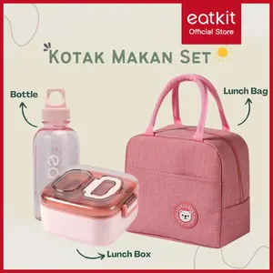 Eatkit Kotak Makan Siang 3 in 1 Paket Lunch Box Ganda Lapisan Tas Bekal Thermal & Botol Minum 500ML Anti-Tumpah Warna Abu & Pink Bahan Wheat Straw Aman Ramah Lingkungan 2 Susun Kotak Seal Kuat Anti-Bocor Garpu Sendok Kitchenware