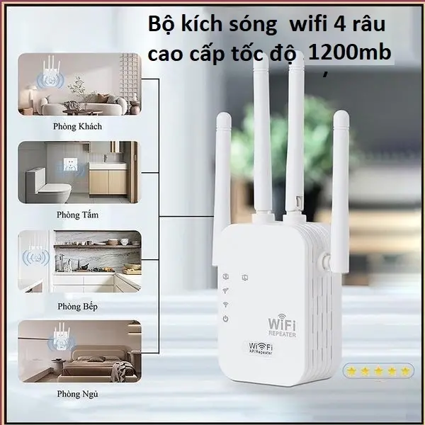 Kích sóng 4 râu WIFI Repeater tốc độ 1200M, kích sóng 2.4GHz và 5 GHz phát sóng khỏe phủ sóng xa phát sóng wifi chuẩn N