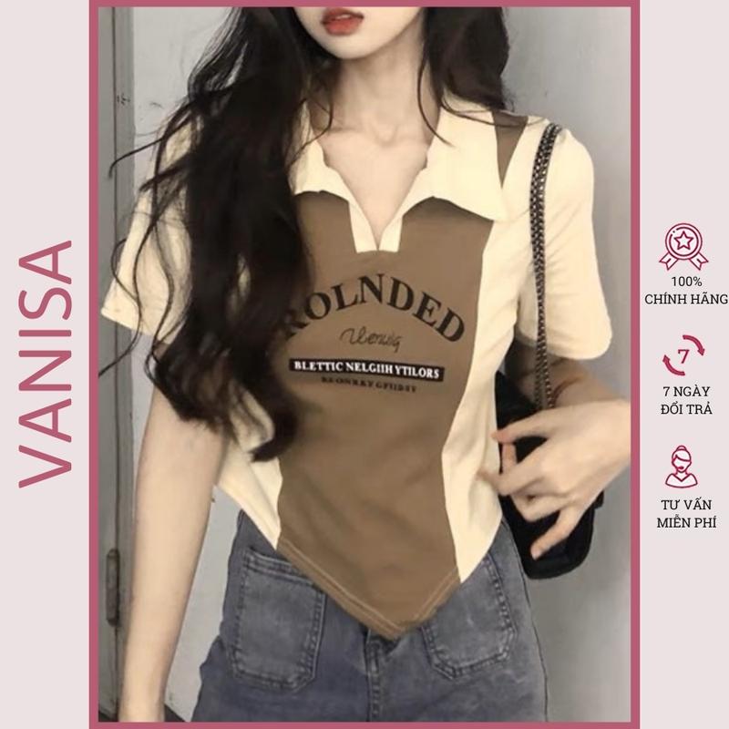 Áo polo thun cổ trụ kiểu phối màu nâu đen in ảnh VANISA CT056 0