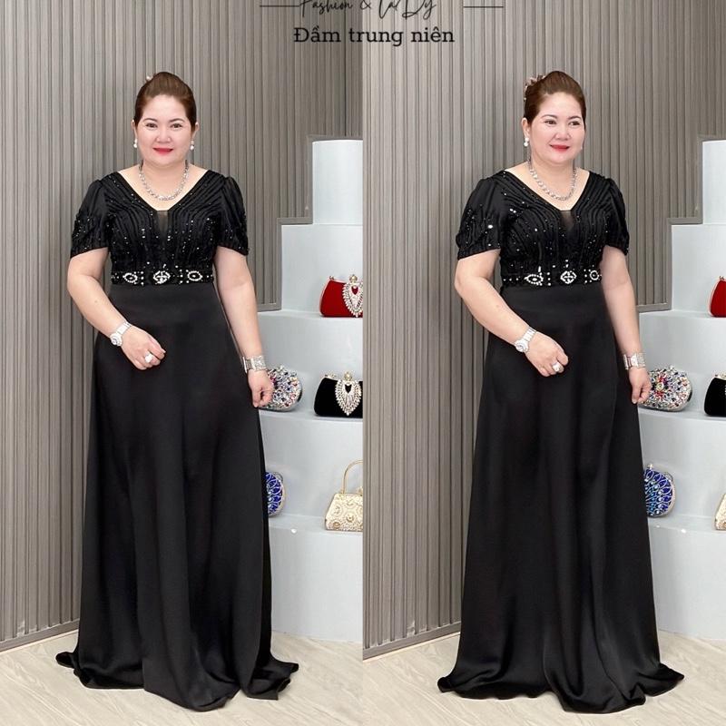 Đầm dạ hội trung niên thiết kế tay ngắn  Nữ Voan Dress Voi Women Min Shop cao cấp Chấm Bi Sen