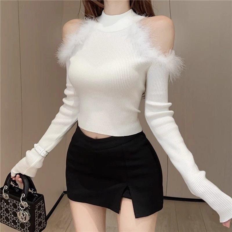 Áo len nữ dệt kim hở vai pha lông y9801# Ôm gọn