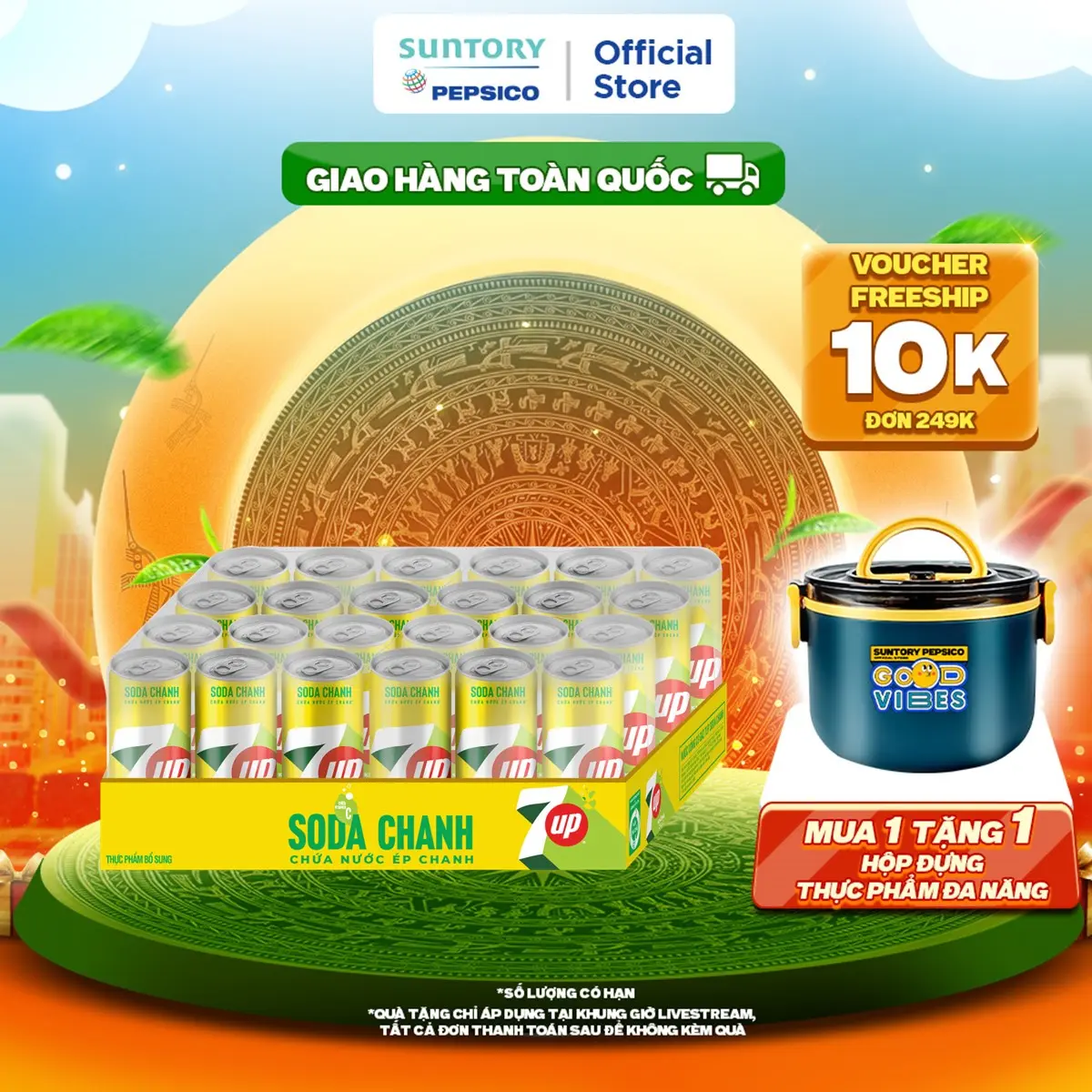 [SALE LỄ] Thùng 24 Lon Nước Uống Có Gaz 7UP Soda Chanh Không Calo (320ml/lon)